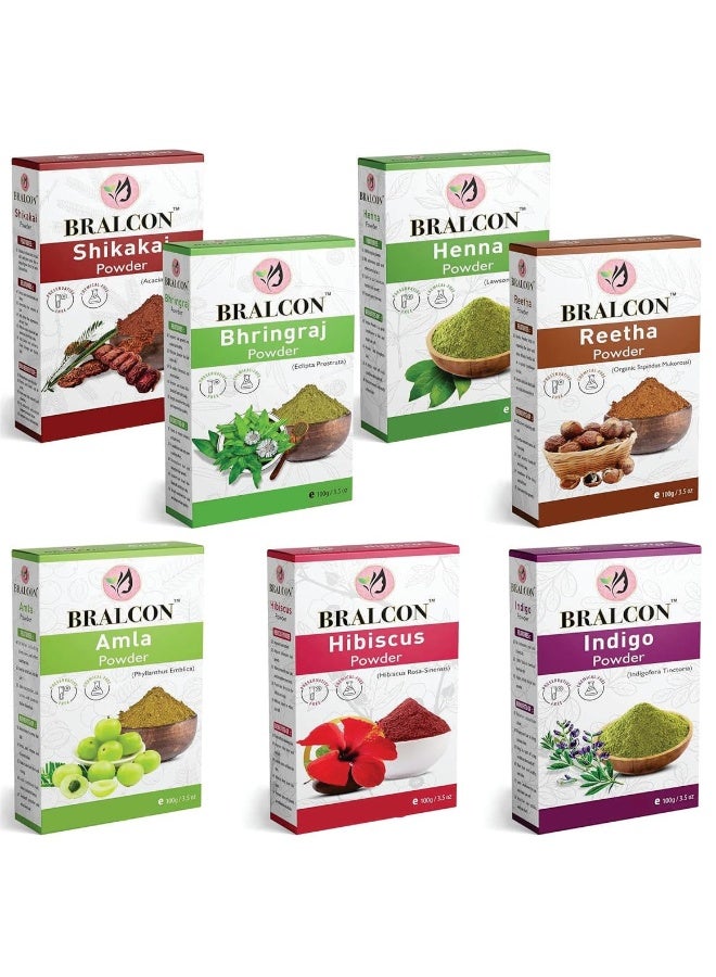 BRALCON Organic Amla, Reetha, Shikakai, Bhringraj, Hibiscus, Henna, Indigo Combo-700g (100g x 7 Pack) | Skin & Hair Care | Hair Growth, Face Pack - Image 1